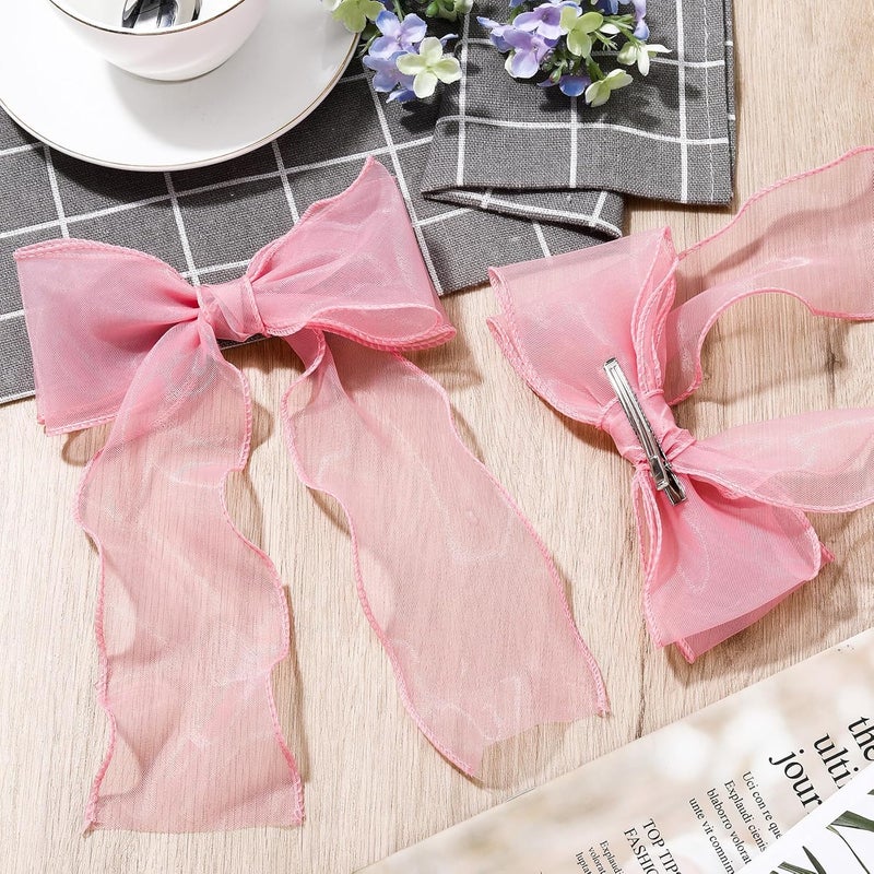 STSTR 2pcs Large Hair Bow Clips, Pink Red Silk Yarn Ribbon Bow Hair Barrette for Women, Elegant Long Tail Bowknot French Hair Accessories for Wedding, Parties, Festivals - Image 3